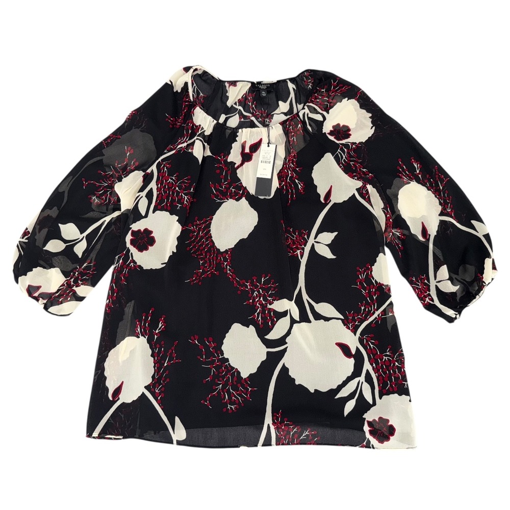Talbots Petites‎ NWT Floral Print 3/4 Sleeve Blouse Sheer Black Top Size PM